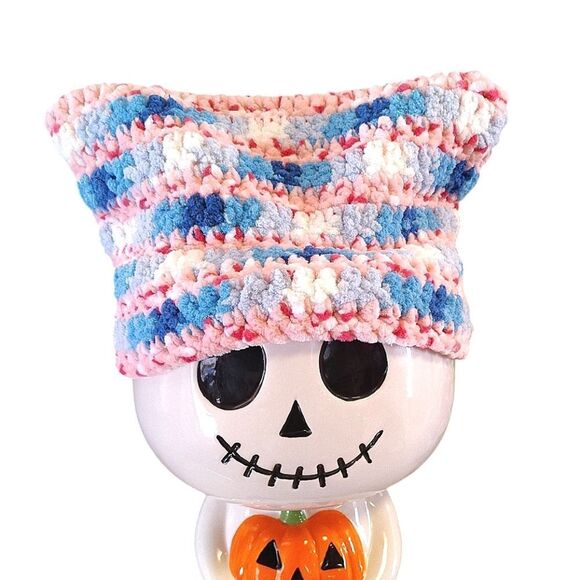 Handmade Black White Green Crochet Cat Ear Beanie Hat NEW - Picture 11 of 11